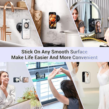 PROfezzion Magnetic Shower Mirror Phone Holder Reusable Suction Cup Phone Mount Compatible with iPhone 17 16 15 14 13 12 & All Phones, Rotating Stand for Glass Window Bathroom Kitchen, Black