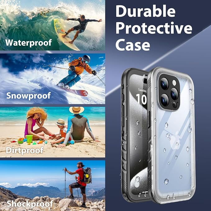 SPORTLINK for iPhone 15 Pro Max Waterproof Case - IP68 Underwater, Shockproof, Dust-Proof, Heavy Duty,Military Grade Screen Protector for iPhone 15 Pro Max Black/Frosted Clear