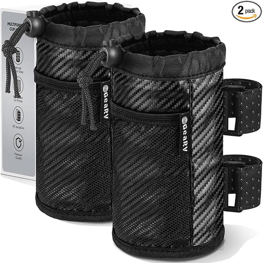 GEARV 2Pack Cup Holder for Bike, Scooter and Wheelchair, Water Bottle Holder for UTV/ATV, Walker, Golf Cart and Beach, Universal Drink Holder Accessories with Net Pocket and Cord Lock (Carbon Fiber)