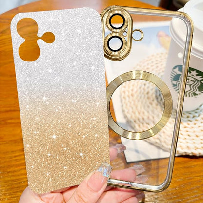 Hython for iPhone 17 Case Glitter Clear Magnetic Phone Cases [Compatible with MagSafe] Full Camera Lens Protector Sparkle Luxury Plating Slim Shockproof Protective Cover Women, Gradient Gold