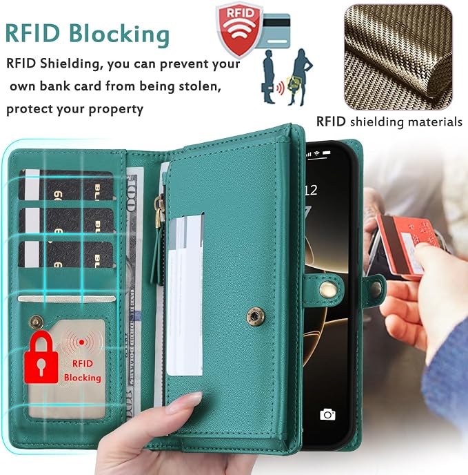 for Wallet Case Compatible with iPhone 15 Pro Max,Multi-Function Detachable 2 in 1 Magnetic iPhone 15 Pro Max Case Wallet,Flip Strap Zipper Card Holder Phone Case with Shoulder Straps (Green)