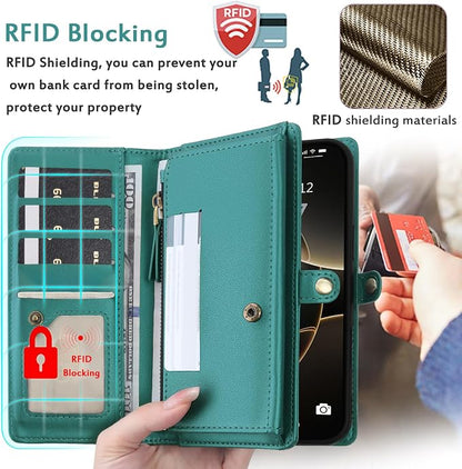 for Wallet Case Compatible with iPhone 15 Pro Max,Multi-Function Detachable 2 in 1 Magnetic iPhone 15 Pro Max Case Wallet,Flip Strap Zipper Card Holder Phone Case with Shoulder Straps (Green)