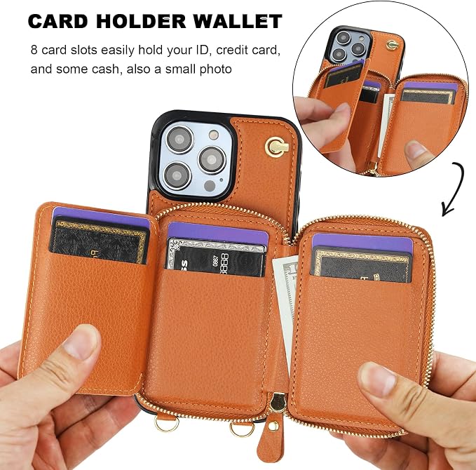 Bocasal for MagSafe Crossbody Wallet Case Compatible with iPhone 14 Pro Max, RFID Blocking Protective Purse Case with Card Slots Holder Kickstand Wrist Strap Lanyard Zipper 6.7 Inch 5G (Brown)