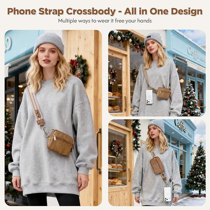 Tiostep Clip and Go Strap for Phone with Wallet Crossbody Phone Lanyard Adjustable and Anti-Theft Leather Purse with RFID Zipper Pouch for Travel Daily Life. Brown Medium