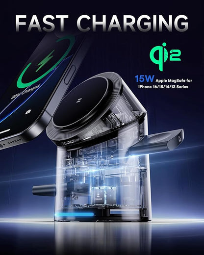 ZEEHOO 3 in 1 Charging Station for Apple Devices, Mag-Safe Charger Stand, Qi2 15W Auto-Rotating Wireless Charger for iPhone 17 16/15/14/13/12 Series& AirPods& iWatch(White)