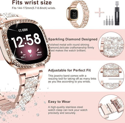 Compatible with Fitbit Versa 4/Sense 2 with Case Women, Jewelry Replacement Metal Wristband Strap with Bling PC Protective Cover for Fitbit Versa 3/Sense (Fitbit Versa 3/Sense, Rose Gold)