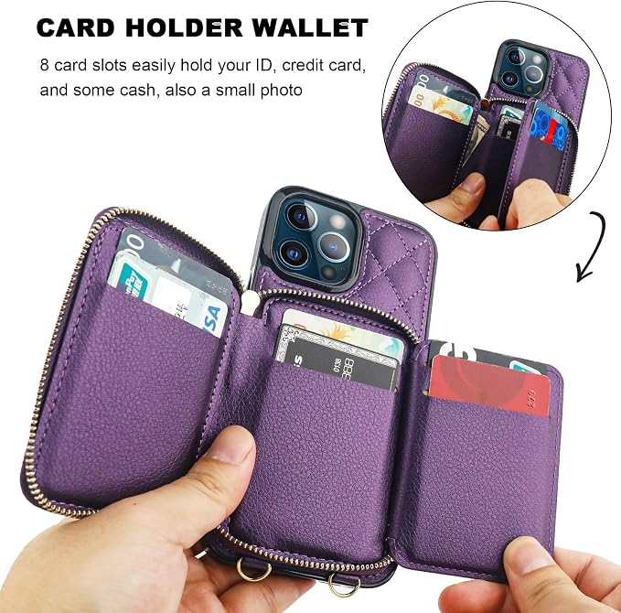 Bocasal Crossbody Wallet Case for iPhone 13 Pro Max, RFID Blocking PU Leather Zipper Handbag Purse Flip Cover, Kickstand Folio Case with Card Slots Holder Wrist Strap Lanyard 5G 6.7 Inch (Dark Purple)