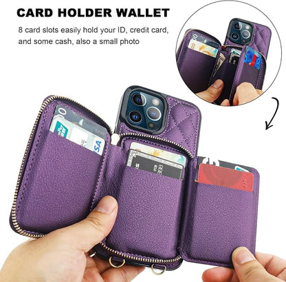 Bocasal Crossbody Wallet Case for iPhone 13 Pro Max, RFID Blocking PU Leather Zipper Handbag Purse Flip Cover, Kickstand Folio Case with Card Slots Holder Wrist Strap Lanyard 5G 6.7 Inch (Dark Purple)