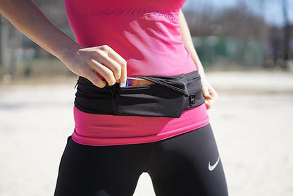 3 Pocket Adjustable Running Belt Waist Pack, Fanny Pack For Working Out With Sweat Resistant Backing, Holds All iPhone Models (Black/Black, X-Small)