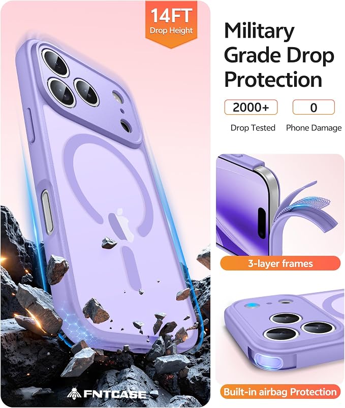 FNTCASE for iPhone 17 Pro Max Case: [Compatible with Magsafe] Translucent Matte Cases with [Full Camera Protection] [Screen Protector] Military Grade Shockproof Protective Phone Cover - Light Purple