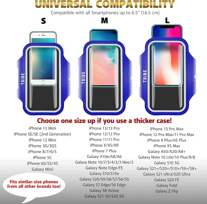 TRIBE Water Resistant Cell Phone Armband Case Running Holder for iPhone Pro Max Plus Mini SE (13/12/11/X/XS/XR/8/7/6/5) Galaxy S Ultra Plus Edge Note (21/20/10/9/8/7/6/5) Adjustable Strap & Key Pocket