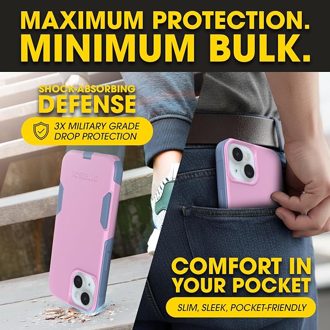 OtterBox iPhone 16e, 15, 14, & 13 Commuter Series Case - Slim & Tough, Pocket-Friendly, with Port Protection - Pink/Blue