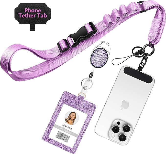 Azrra Adjustable Crossbody Cell Phone Lanyard for iPhone with Phone Tethers & Retractable ID Badge Card Holder (Purple)