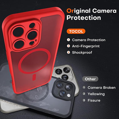 TOCOL for iPhone 16 Pro Max Phone Case Compatible with Magsafe Full Camera Protection Drop Protection Magnetic Translucent Matte Back Bumper Phone Case for 16 Pro Max 6.9-Inch (Red)