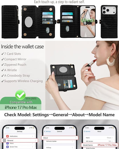 Crossbody Wallet Case for iPhone 17 Pro Max with Mirror, Wrist Strap, Zipper Purse Magnetic Flip, RFID Blocking Card Holder, Wireless Charging, PU Leather Shockproof 6.9" Women (Black)