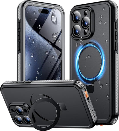 Temdan Magnetic for iPhone 15 Pro Max Case Waterproof, [Built-in Ring Invisible Stand & Screen Protector][IP68 Underwater][Dropproof][Dustproof][Real 360] Shockproof Protective Phone Case 6.7'' -Gray