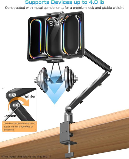 Tablet Arm Stand for Desk, Portable Monitor Stand Holder 15.6'',17.3'', Aluminum Alloy Foldable Arm Mount with 360° Rotating Desk Mount Compatible with 4.7-17.3inch Tablet, Cell Phone (Black)