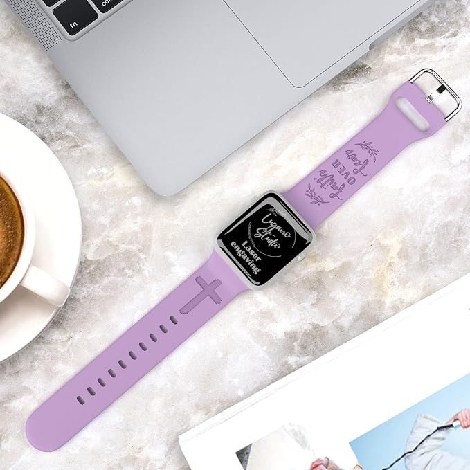 Faith Over Fear Watch Band Compatible with Apple Watch Laser Engraved iWatch Band Silicone 38mm 40mm 41mm 42mm 44mm 45mm 49mm Strap Jesus Psalm Christian God (44/45/49mm M/L, Lavender)