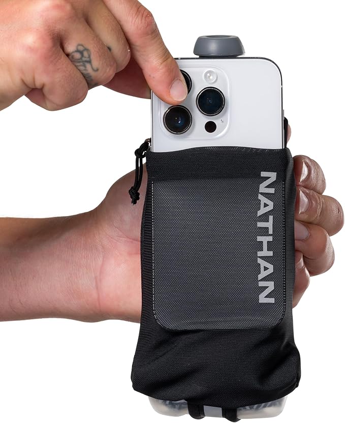 Nathan SpeedDraw 2 Insulated Handheld Running Water Bottle Flask – Double-Wall Insulation, Ergonomic Grip, Blast Valve Cap, Phone & Key Storage Pockets, Reflective Design - 12oz Insulated - Black