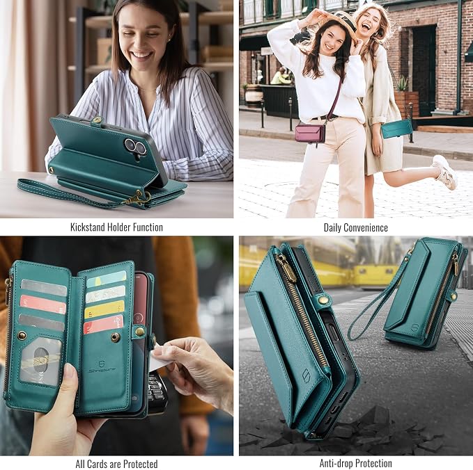 Strapurs Wallet Case Compatible with iPhone 16 Plus 6.7" RFID Blocking 10-Card Holder Soft PU Leather Magnetic Snap Shoulder Strap Zipper Pocket Phone Case Fit for iPhone 16 Plus - Bluegreen