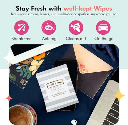 Well-Kept Tech & Lens Wipes - Eyeglass, Screen & Phone Cleaning, Multi-Surface, Lint-Free, Pre Moistened, Streak-Free & Non Scratching - Hamptons, 6 Pack (90 Count)