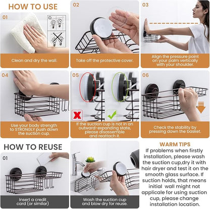 LEVERLOC Shower Caddy Suction Cup, 2 Pack Shelves for Inside with Hooks and Soap Organizer, NO-Drilling Bathroom Holder, Rustproof Meatl Bathroom Basket, Brown