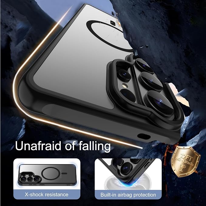For Samsung Galaxy S26 Ultra Phone Case: 12FT Military Grade Drop Protection【Compatible with Magsafe】S26 Ultra Case with Screen Protector,Slim Frosted Translucent Soft Touch case for S26 Ultra,Black