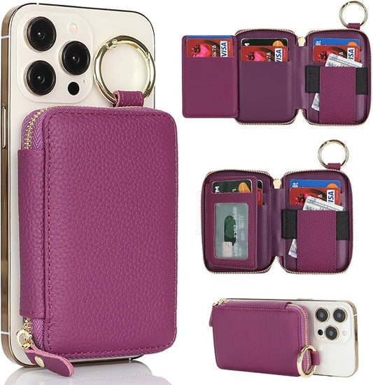 Cavor Compatible with MagSafe Wallet Genuine Leather Cash Wallets for Women, Magnetic Phone Wallet for iPhone 17 Pro Max/16/15/14/13/12, id Credit Card Holder with Mag safe Keychain-Purple