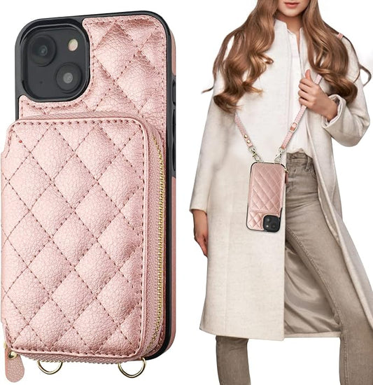 Bocasal Crossbody Wallet Case for iPhone 14 Plus, RFID Blocking PU Leather Zipper Handbag Purse Flip Cover, Kickstand Folio Case with Card Slots Holder Wrist Strap Lanyard 5G 6.7 Inch (Rose Gold)