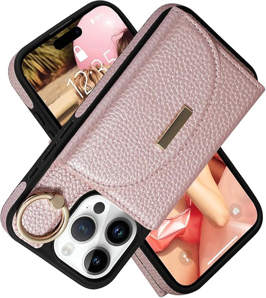 Keallce Wallet Case for iPhone 16 Pro Max 6.9'', Flip Case with Card Slots, Ring Holder Kickstand, PU Leather Protective Folio Cover for Women, Rosegold