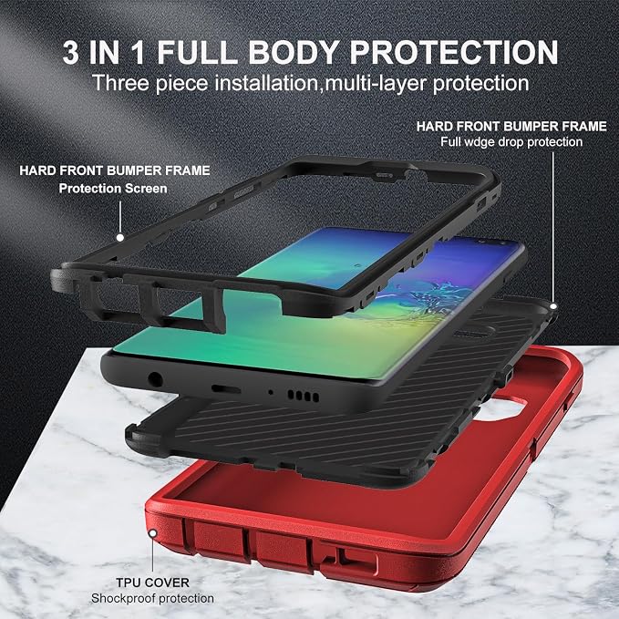 for Samsung Galaxy S10 Plus Case, with 2Pcs [Self Healing Flexible TPU Screen Protector & Camera Lens Protector] Military Grade 3 in 1 Heavy Duty Case for Galaxy S10 Plus (Red/Black)