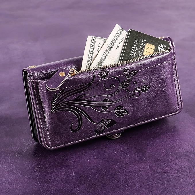 Lacass for iPhone 16 Pro Max Case Wallet,[Cards Theft Scan Protection] Card Holder Zipper Leather Flip Cover Crossbody Wrist Strap with Stand (Floral Dark Purple)