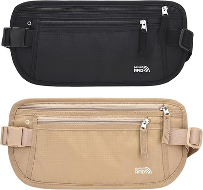 Unisex Money Belt For Men and Women, Slim Passport Holder RFID Blocking Travel Essentials Pouch with Adjustable Strap Small Waist Pouch for Workout Running Travelling Hiking, Black & Beige