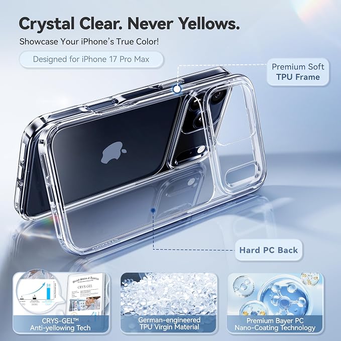 CASEKOO for iPhone 17 Pro Max Case Smooth Crystal Clear, Patented Anti-Yellow & Virgin TPU, 15FT Military-Grade Protection, Slim Transparent Women Men Funda para for iPhone 17 Pro Max Case 6.9", Clear