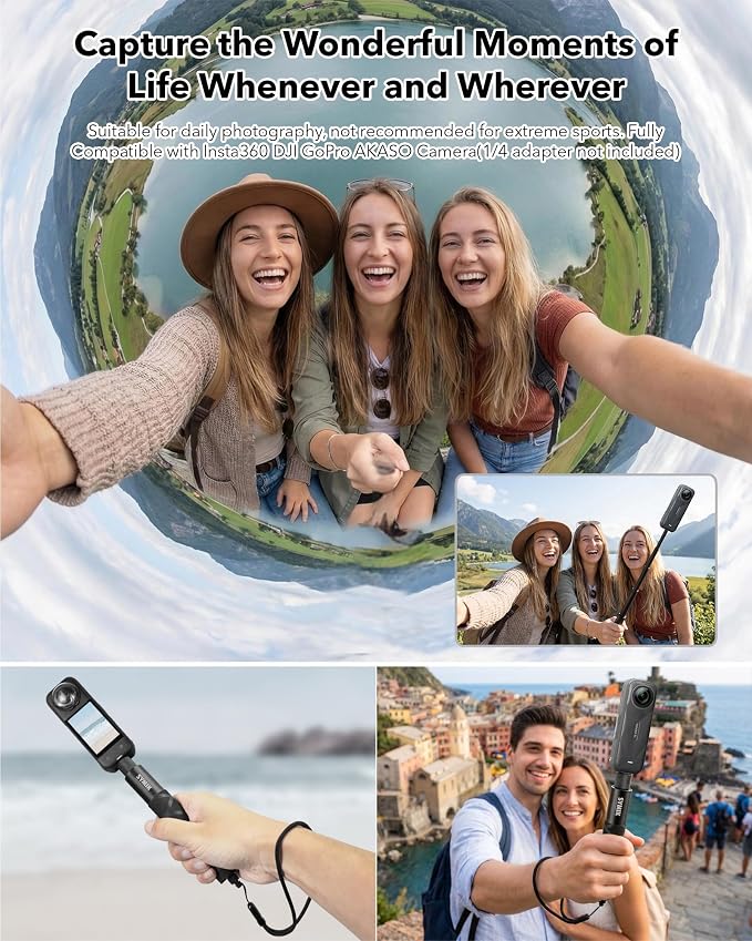 SYMIK Invisible Selfie Stick for Insta360 (70 cm/27.6 in), Aluminum Alloy Extension Stick Portable Extendable Monopod Pole with 1/4'' Screw and Wrist Strap for Insta 360 X5 X4 Air X3 ONE X2 Osmo 360