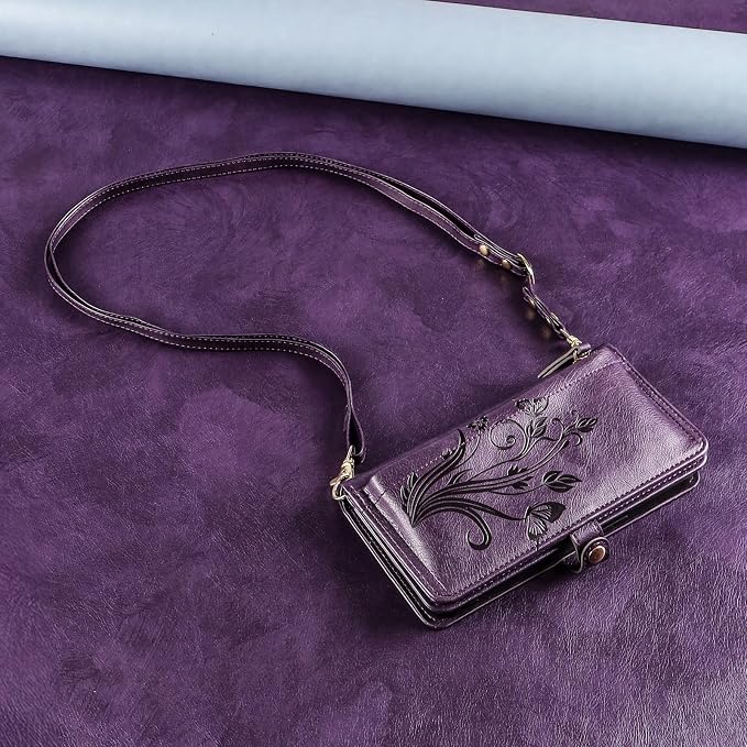 Lacass for iPhone 16 Plus Case Wallet,[Cards Theft Scan Protection] Card Holder Zipper Leather Flip Cover Crossbody Wrist Strap with Stand (Floral Dark Purple)