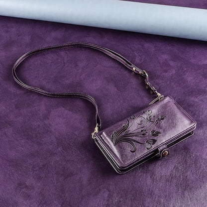 Lacass for iPhone 16 Pro Max Case Wallet,[Cards Theft Scan Protection] Card Holder Zipper Leather Flip Cover Crossbody Wrist Strap with Stand (Floral Dark Purple)