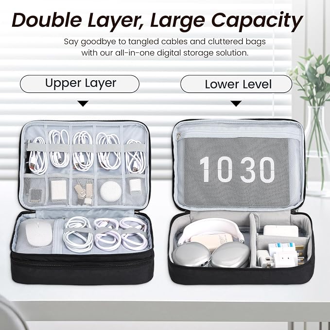 Large Electronic Organizer Travel Case, Double Layer Tech Pouch with Adjustable Dividers, Cable Organizer Bag for Charger, Power Bank, Hard Drive, Camera Gear and Travel Accessories