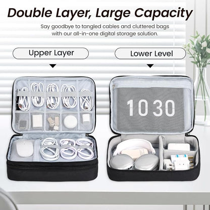 Large Electronic Organizer Travel Case, Double Layer Tech Pouch with Adjustable Dividers, Cable Organizer Bag for Charger, Power Bank, Hard Drive, Camera Gear and Travel Accessories