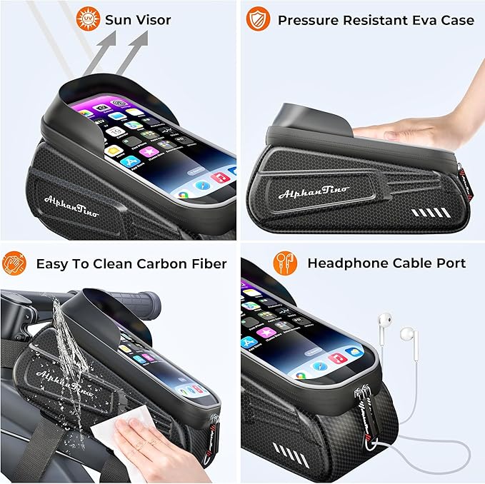 Bike Phone Holder Bag - Waterproof Bicycle Frame Bag Hard Case Large Capacity Top Tube Front Frame Cycling Mount Accessories Pouch, TPU Touch-Screen & Sun-Visor (Red Zipper)