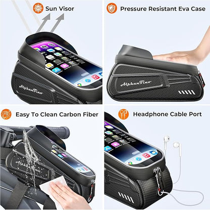 Bike Phone Holder Bag - Waterproof Bicycle Frame Bag Hard Case Large Capacity Top Tube Front Frame Cycling Mount Accessories Pouch, TPU Touch-Screen & Sun-Visor (Red Zipper)