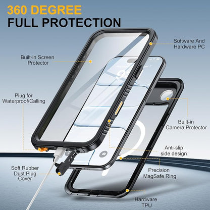 ANTSHARE for iPhone Air Case, Compatible with Magsafe, IP68 Waterproof Case, [Built-in Screen Protector] - 12 FT Military Dropproof - Full Body Heavy Duty Rugged Phone Cover - Black/Clear