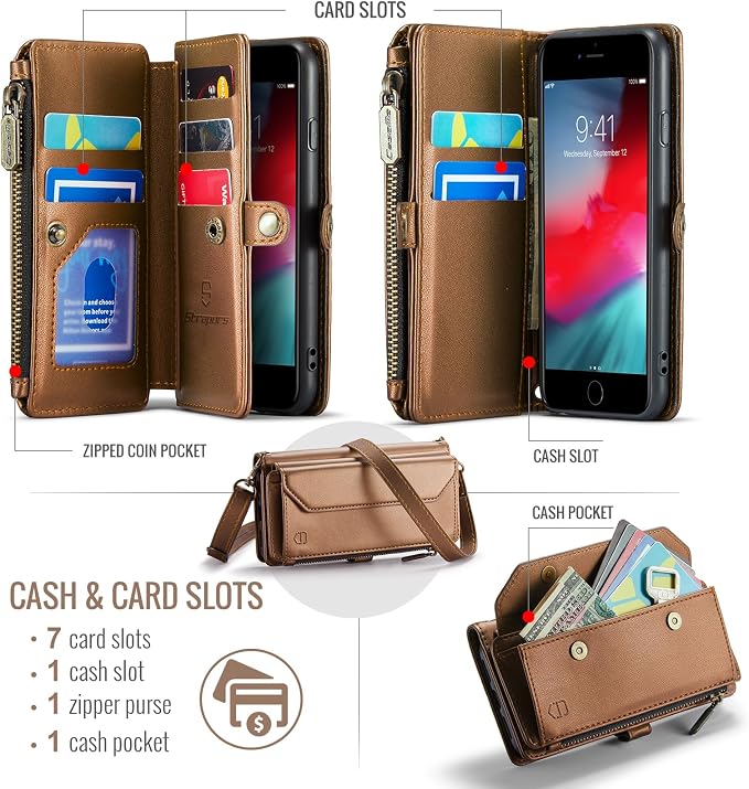 Strapurs Crossbody Wallet Case Compatible with iPhone SE/7/8 RFID Blocking 7-Card Holder Soft PU Leather Magnetic Snap Shoulder Strap Zipper Pocket Phone Cases Fit for iPhone SE 2020 2022 - Brown