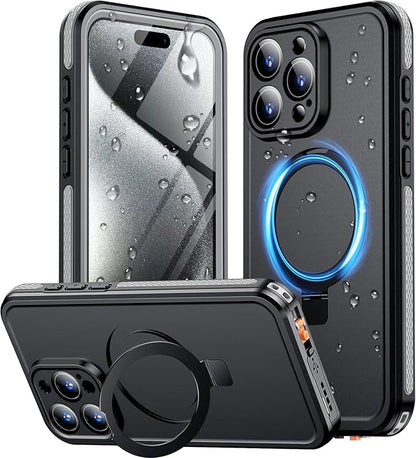 Temdan Magnetic for iPhone 15 Pro Case Waterproof, [Built-in Ring Invisible Stand & Screen Protector][IP68 Underwater][Dropproof][Dustproof][Real 360] Shockproof Protective Phone Case 6.1'' -Gray