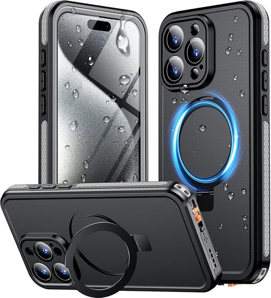 Temdan Magnetic for iPhone 15 Pro Case Waterproof, [Built-in Ring Invisible Stand & Screen Protector][IP68 Underwater][Dropproof][Dustproof][Real 360] Shockproof Protective Phone Case 6.1'' -Gray