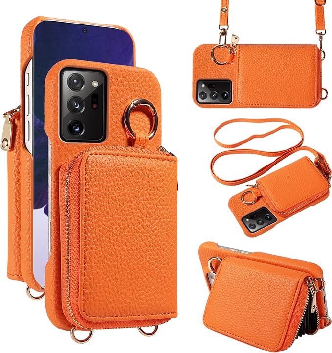 Wallet Case for Samsung Galaxy Note 20 Ultra 5G Shoulder Strap Ring Buckle Zipper Flip Organ Purse Card Holder Phone Cover for Note20 Plus Notes 20Ultra Note20+ U + 20+ Twenty Not S20 Orange