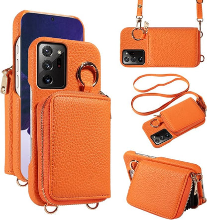 Wallet Case for Samsung Galaxy Note 20 Ultra 5G Shoulder Strap Ring Buckle Zipper Flip Organ Purse Card Holder Phone Cover for Note20 Plus Notes 20Ultra Note20+ U + 20+ Twenty Not S20 Orange
