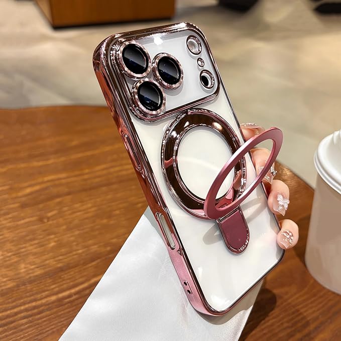 LXK Magnetic Invisible Stand for iPhone 17 Pro Case 6.3" Compatible with MagSafe, Military-Grade Protection, with Camera Protector, Clear Scratch-Resistant Back Cover for iPhone 17 Pro, Pink