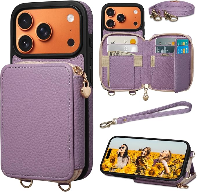 Keallce Case for iPhone 17 Pro 6.3'' Case Wallet, Crossbody Zipper Purse with RFID Blocking Card Slots Kickstand, Lanyard & Handstrap Flip Folio Leather Phone Cover for iPhone 17 Pro, Purple