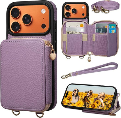 Keallce Case for iPhone 17 Pro 6.3'' Case Wallet, Crossbody Zipper Purse with RFID Blocking Card Slots Kickstand, Lanyard & Handstrap Flip Folio Leather Phone Cover for iPhone 17 Pro, Purple